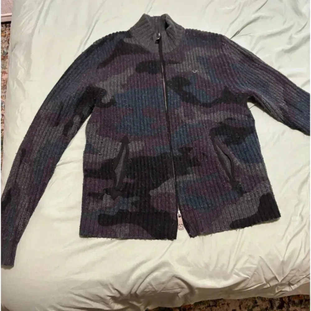 True Religion Sweater Adult 2XL Multicolor Wool Camo Cardigan Western Logo Men's